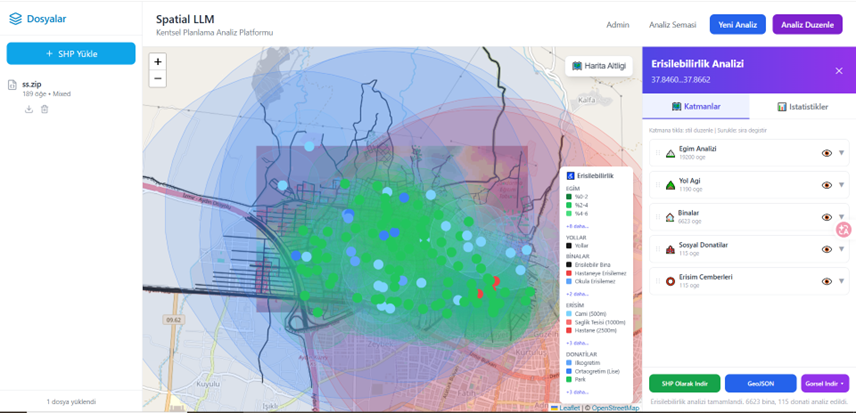 Spatial LLM ana ekranı: harita + chat + analiz paneli