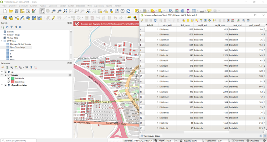 QGIS içinde zenginleştirilmiş bina katmanı: okul/sağlık/park erişimi öznitelikleri